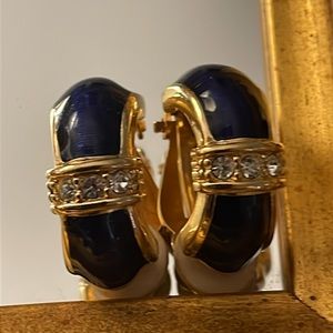 Swarovski Clip On Earrings Gold Tone Navy Enamel Clear Crystal Vintage